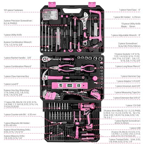 Pink Tool Kit Box Drill Set: DEKOPRO Home Mechanic Toolbox with 12V Power Cordless Drill Hand Repair Tools Sets Combo Kits Storage Organizer Drawer Case for Women - 2