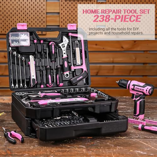 Pink Tool Kit Box Drill Set: DEKOPRO Home Mechanic Toolbox with 12V Power Cordless Drill Hand Repair Tools Sets Combo Kits Storage Organizer Drawer Case for Women - 5