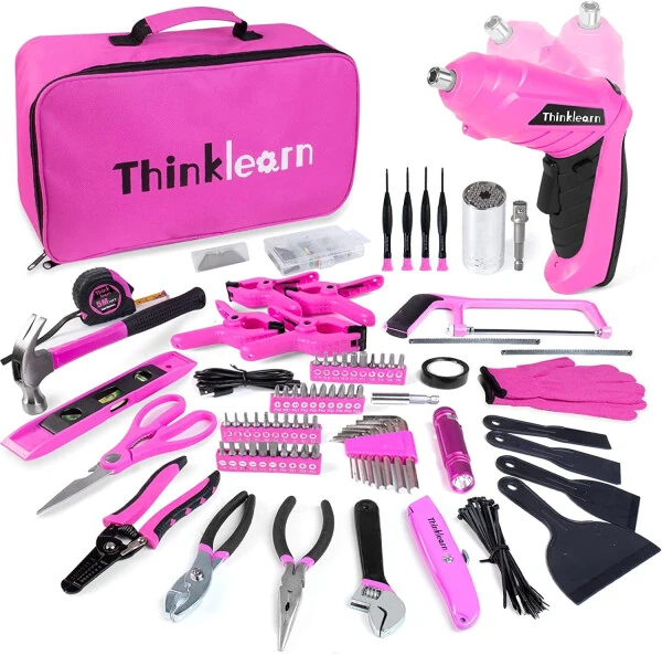 Pink Tool Set, 205 Piece Home Tool Kit with 3.6V Electric Screwdriver and Universal Sockets Tools, Pink Tool Kit with Storage Tool Bag, Tool Sets for Women, for Gift, Home Repair, Dorm- - Modazone