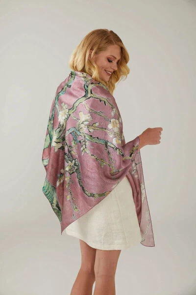 Pink Van Gogh Almond Blossoms 140x140 Square New Spring Summer Collection 100% Satin Silk Scarf - DERIDERIM (1)