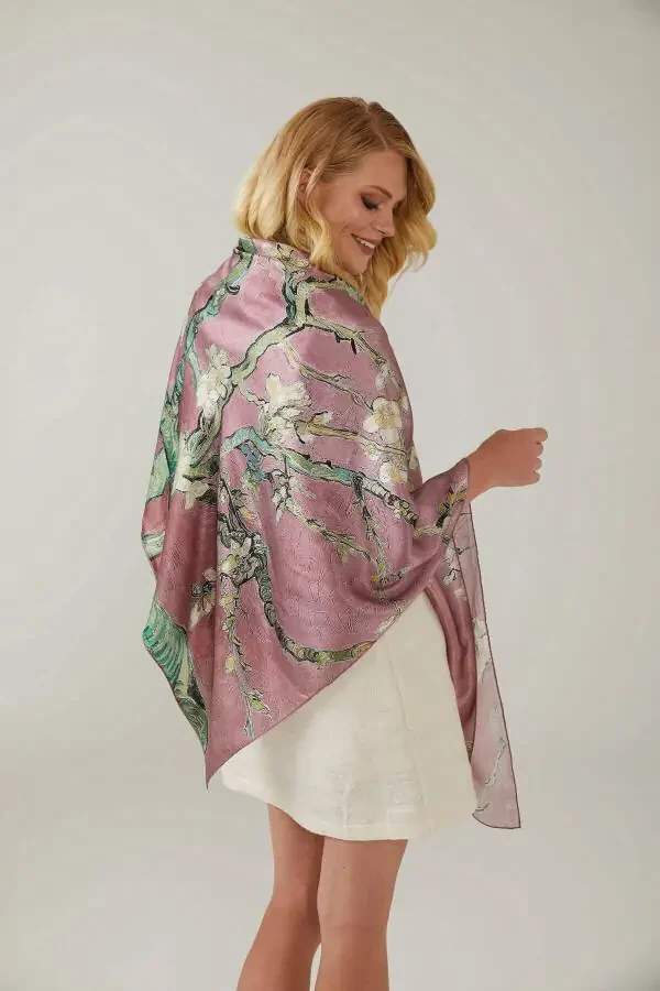 Pink Van Gogh Almond Blossoms 140x140 Square New Spring Summer Collection 100% Satin Silk Scarf - 2