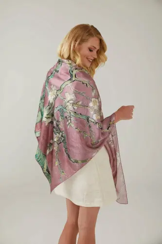 Pink Van Gogh Almond Blossoms 140x140 Square New Spring Summer Collection 100% Satin Silk Scarf - DERIDERIM (1)