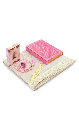 Pink Vav Patterned Thermo Leather Arabic Quran and Prayer Rug Set - Pink - 3