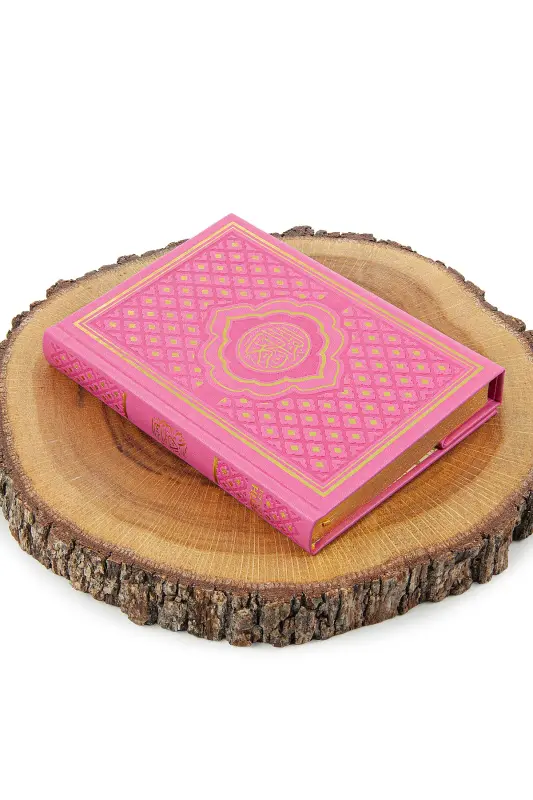Pink Vav Patterned Thermo Leather Arabic Quran and Prayer Rug Set - Pink - 7