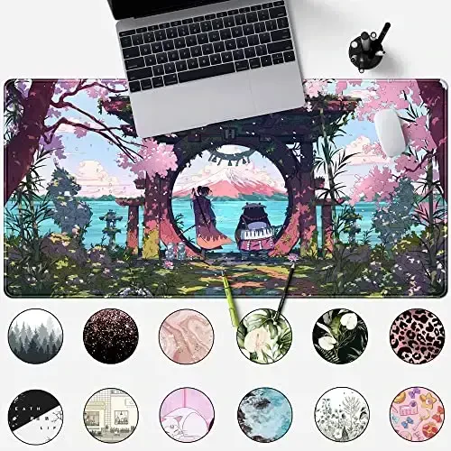 Pink Japan Desk Pad Anime Gaming Green Mouse Pad Large Mouse Pad For Desk Computer Pc Laptop Office Decor For Women, Anime Mouse Keyboard Pad Stitched Edges Non-Slip Rubber Mat Desk Pad (31.5x15.7 In) - 2