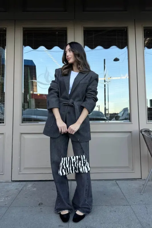 pinterest chiziqli model muadil bol oversize yumshoq kashe mato astarlı qalin blazer kurtka palto-antrasit - 1