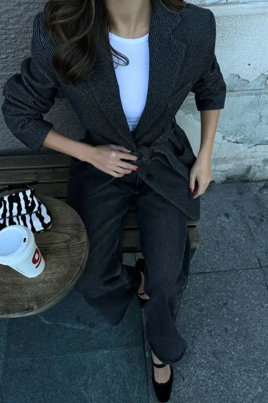 pinterest chiziqli model muadil bol oversize yumshoq kashe mato astarlı qalin blazer kurtka palto-antrasit - 2