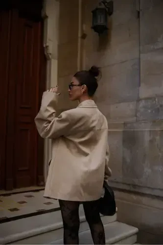 pinterest equivalent nubuck suede fabric soft three-button lined oversize loose fit blazer jacket-cream - 1