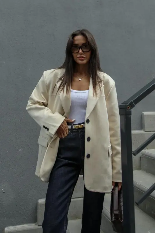 pinterest equivalent nubuck suede fabric soft three button lined oversized loose fit blazer jacket-stone - 2