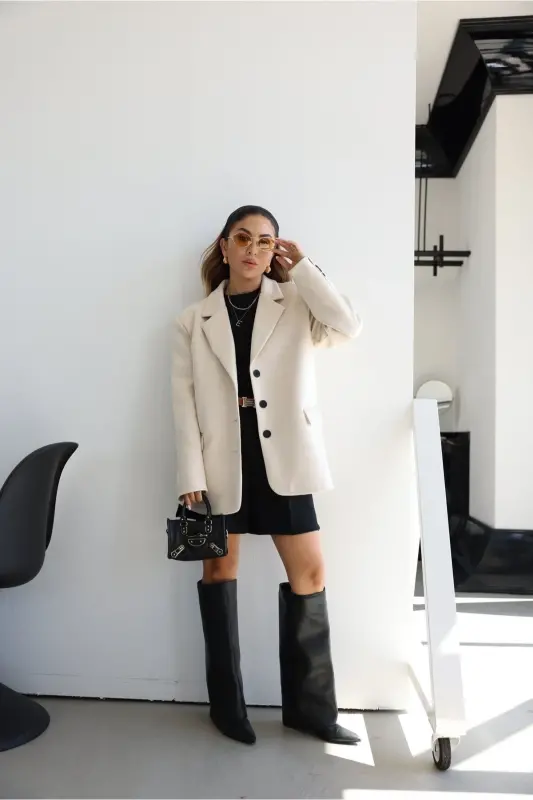 pinterest equivalent nubuck suede fabric soft three button lined oversized loose fit blazer jacket-stone - 4