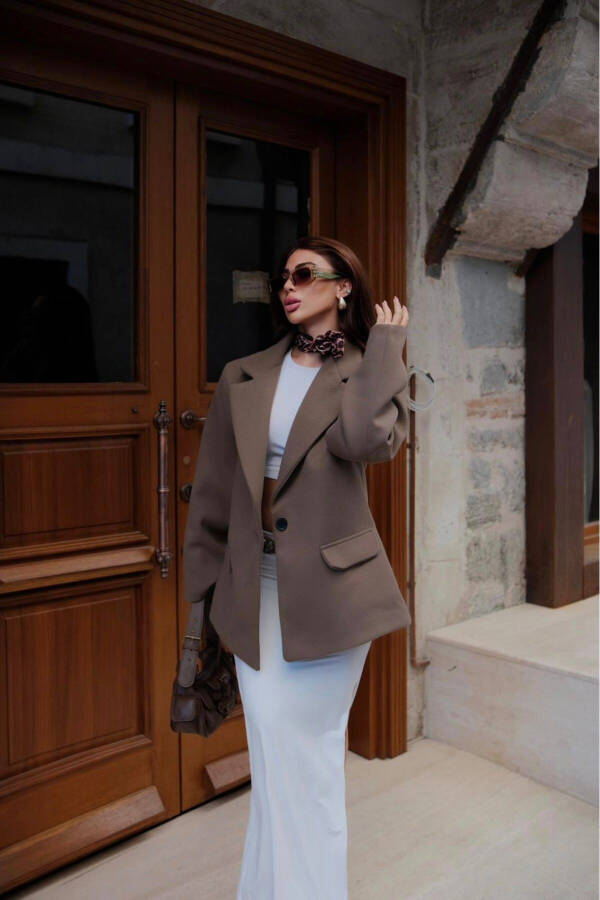 Pinterest Muadil Kaşe Kumaş Yumuşak Doku Tek Düğmeli Astarlı Oversize Bol Kesim Kaban Blazer Ceket - 4