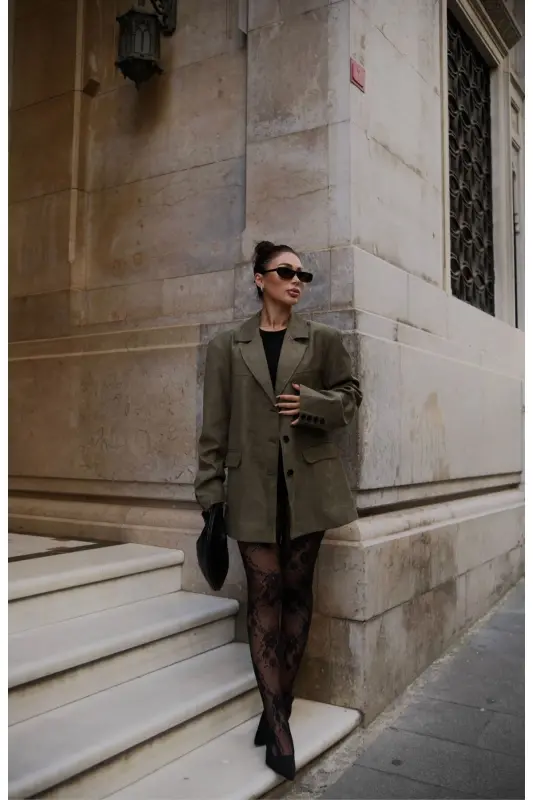 pinterest muadil nubuk süet kumaş yumuşak üç düğmeli astarlı oversize bol kesim blazer ceket - haki - 1