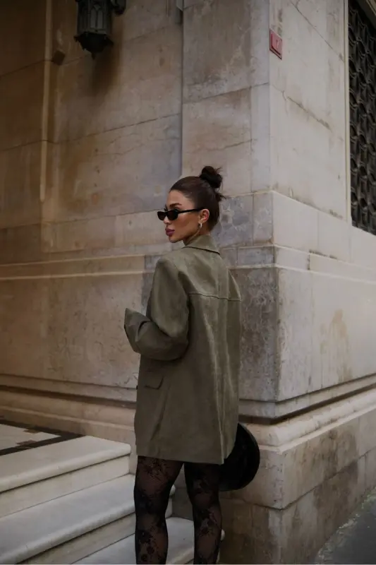 pinterest muadil nubuk süet kumaş yumuşak üç düğmeli astarlı oversize bol kesim blazer ceket - haki - 2