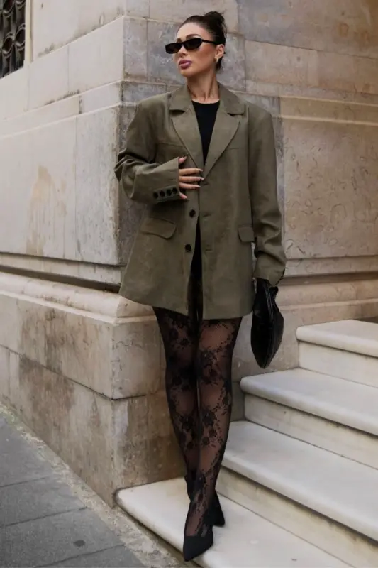 pinterest muadil nubuk süet kumaş yumuşak üç düğmeli astarlı oversize bol kesim blazer ceket - haki - 4