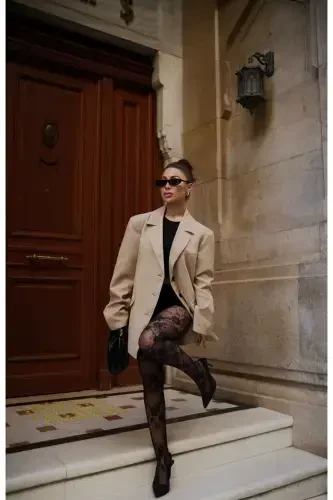 pinterest muadil nubuk süet mato yumshoq uch tugmali astarli oversize keng bichimli blazer pidjak-krem - 2