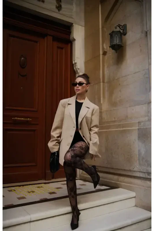 pinterest muadil nubuk süet mato yumshoq uch tugmali astarli oversize keng bichimli blazer pidjak-krem - 2