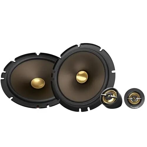 Pioneer A-Series MAX TS-A653CH, 2-полосные компонентные автомобильные акустические системы, полный диапазон, чистое звучание, лёгкая установка и улучшенный бас, 6,5-дюймовые круглые динамики золотистого цвета. 