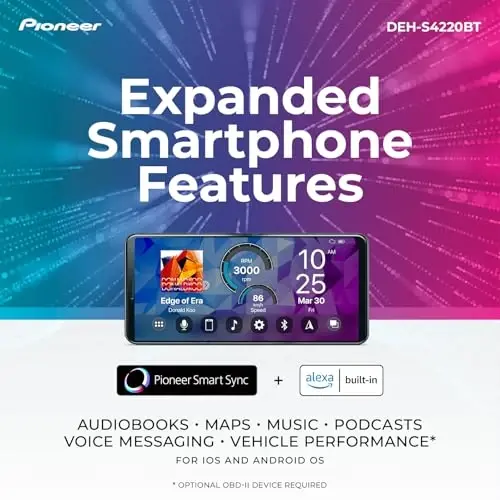 Pioneer DEH-S4220BT 1-Din CD Receiver – Bluetooth, USB/AUX, Color Change, FLAC, AM/FM Radio, Detachable Face, 50W x 4, Voice Control, Hi-Volt RCA Preouts - 4
