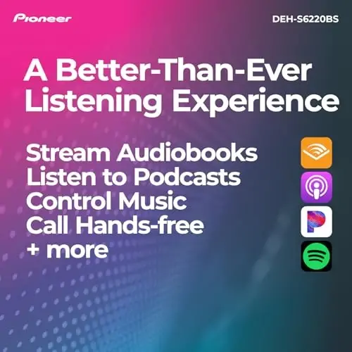Pioneer DEH-S6220BS 1-Din CD Receiver – Bluetooth, SiriusXM, USB/AUX, Color Change, FLAC, AM/FM, Detachable Face, 13-Band EQ, 50W x 4, Voice Control, Hi-Volt RCA Preouts - 5