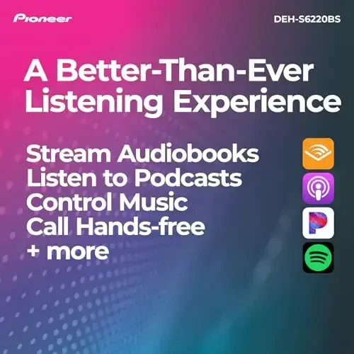 Pioneer DEH-S6220BS 1-Din CD Receiver – Bluetooth, SiriusXM, USB/AUX, Color Change, FLAC, AM/FM, Detachable Face, 13-Band EQ, 50W x 4, Voice Control, Hi-Volt RCA Preouts - 5