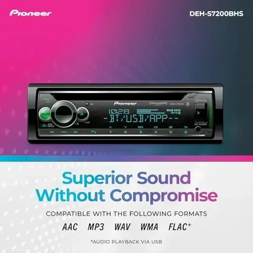 Pioneer DEH-S7200BHS 1-Din CD Receiver – Bluetooth, HD Radio, SiriusXM, USB/AUX, Color Change, FLAC, AM/FM, Detachable Face, 13-Band EQ, 50W x 4, Voice Control, Hi-Volt RCA Preouts - 6