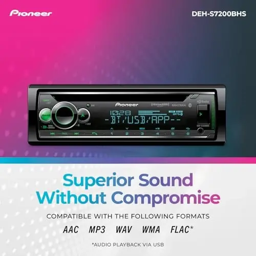 Pioneer DEH-S7200BHS 1-Din CD Receiver – Bluetooth, HD Radio, SiriusXM, USB/AUX, Color Change, FLAC, AM/FM, Detachable Face, 13-Band EQ, 50W x 4, Voice Control, Hi-Volt RCA Preouts - 6