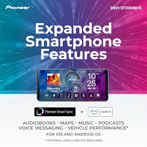 Pioneer DEH-S7200BHS 1-Din CD Receiver – Bluetooth, HD Radio, SiriusXM, USB/AUX, Color Change, FLAC, AM/FM, Detachable Face, 13-Band EQ, 50W x 4, Voice Control, Hi-Volt RCA Preouts - 4