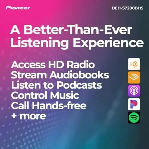 Pioneer DEH-S7200BHS 1-Din CD Receiver – Bluetooth, HD Radio, SiriusXM, USB/AUX, Color Change, FLAC, AM/FM, Detachable Face, 13-Band EQ, 50W x 4, Voice Control, Hi-Volt RCA Preouts - 5