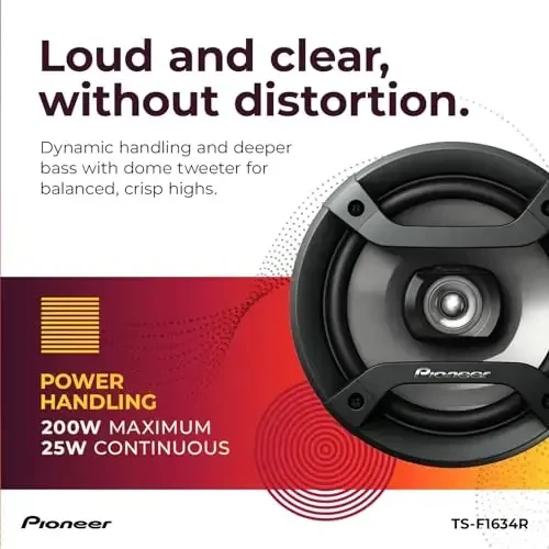 Pioneer F-Series TS-F1634R 6.5” 2-Way Speakers (Pair) – 200W Max, Balanced Sound + Smooth Treble, Great Stock Replacement, High-Efficiency Speaker Designed for OEM Power - 4