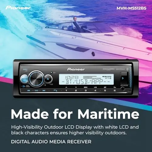 Pioneer MVH-MS512BS Marine Digital Media Receiver – Bluetooth, SiriusXM, USB, FLAC, Conformal Coating, Color Change, White Display for Outdoor, AM/FM Radio, Hi-Volt RCA, iPhone/Android Compatible - PIONEER (1)