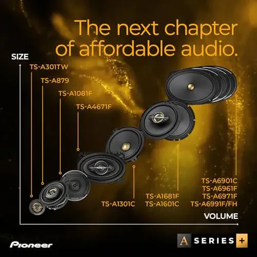 Pioneer TS-A1681F, 4-Way Coaxial Car Audio Speakers, Full Range, Clear Sound Quality, Easy Installation and Enhanced Bass Response, Black and Gold Colored 6.5” Round Speakers - 6