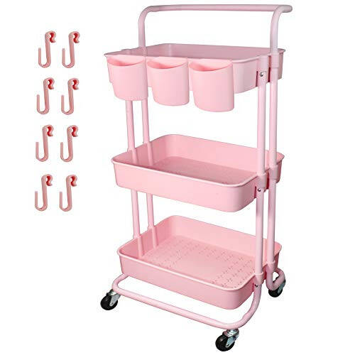 Piowio 3 Tier Utility Rolling Cart Multifunction Organizer Shelf Storage Cart with 3 Pieces Cups and 8 Pieces Hooks for Home Kitchen Bathroom Laundry Room Office Store etc. (Pink) - 1