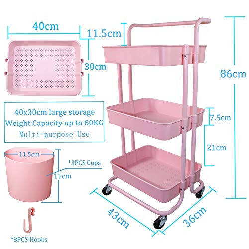 Piowio 3 Tier Utility Rolling Cart Multifunction Organizer Shelf Storage Cart with 3 Pieces Cups and 8 Pieces Hooks for Home Kitchen Bathroom Laundry Room Office Store etc. (Pink) - 2