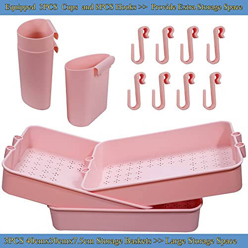 Piowio 3 Tier Utility Rolling Cart Multifunction Organizer Shelf Storage Cart with 3 Pieces Cups and 8 Pieces Hooks for Home Kitchen Bathroom Laundry Room Office Store etc. (Pink) - 3