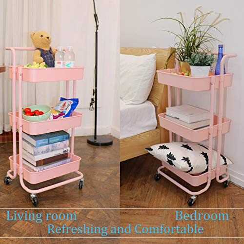 Piowio 3 Tier Utility Rolling Cart Multifunction Organizer Shelf Storage Cart with 3 Pieces Cups and 8 Pieces Hooks for Home Kitchen Bathroom Laundry Room Office Store etc. (Pink) - 5