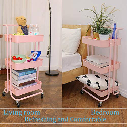 Piowio 3 Tier Utility Rolling Cart Multifunction Organizer Shelf Storage Cart with 3 Pieces Cups and 8 Pieces Hooks for Home Kitchen Bathroom Laundry Room Office Store etc. (Pink) - 5