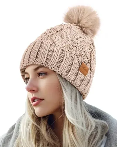 PIOZAED Women's Winter Pompom Beanie Warm and Cozy Knit Hat Fleece Lining Skull Cap for Women - PIOZAED