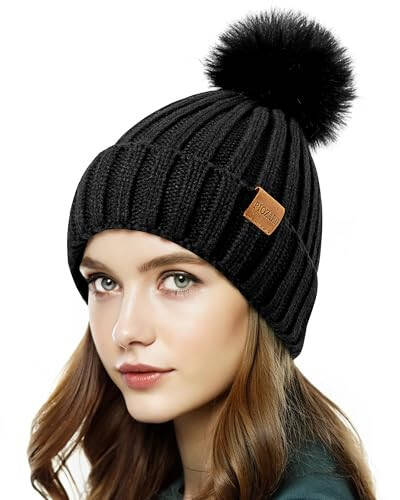 PIOZAED Womens Winter Beanie Hat Fleece Lined Warm Skull Cap with Faux Fur Pom Cuff Knitted Hat for Women - 1