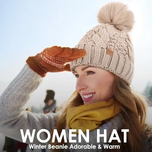 PIOZAED Women's Winter Pompom Beanie Warm and Cozy Knit Hat Fleece Lining Skull Cap for Women - 3
