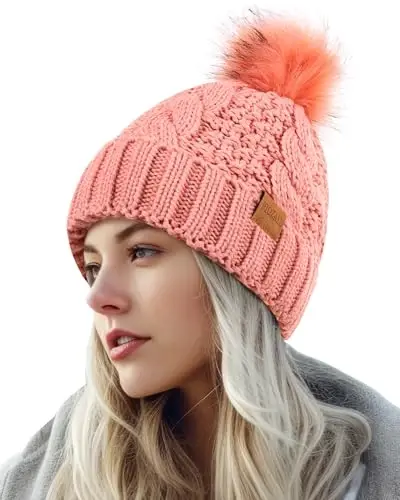 PIOZAED Women's Winter Pompom Beanie Warm and Cozy Knit Hat Fleece Lining Skull Cap for Women 