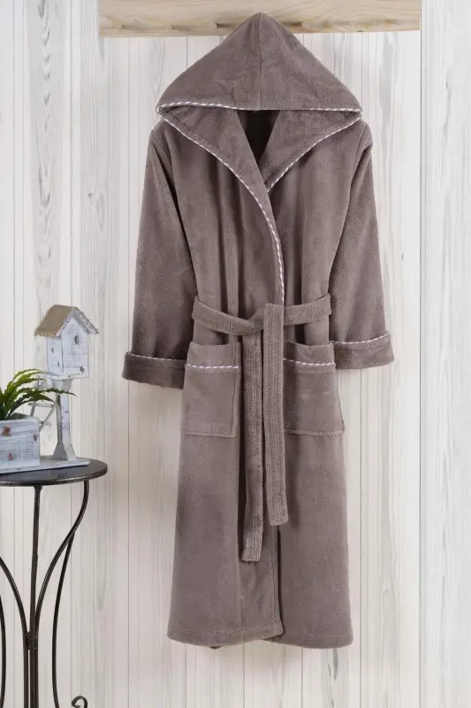 Piped Hooded Bamboo Bathrobe - BROWN - 1