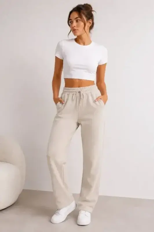 Pique Woven Fabric Pocketed Sweatpants Elastic Drawstring 4 Seasons - Beige - 1