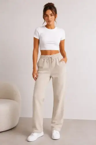 Pique Woven Fabric Pocketed Sweatpants Elastic Drawstring 4 Seasons - Beige - BÜYÜKBEDENIZ (1)