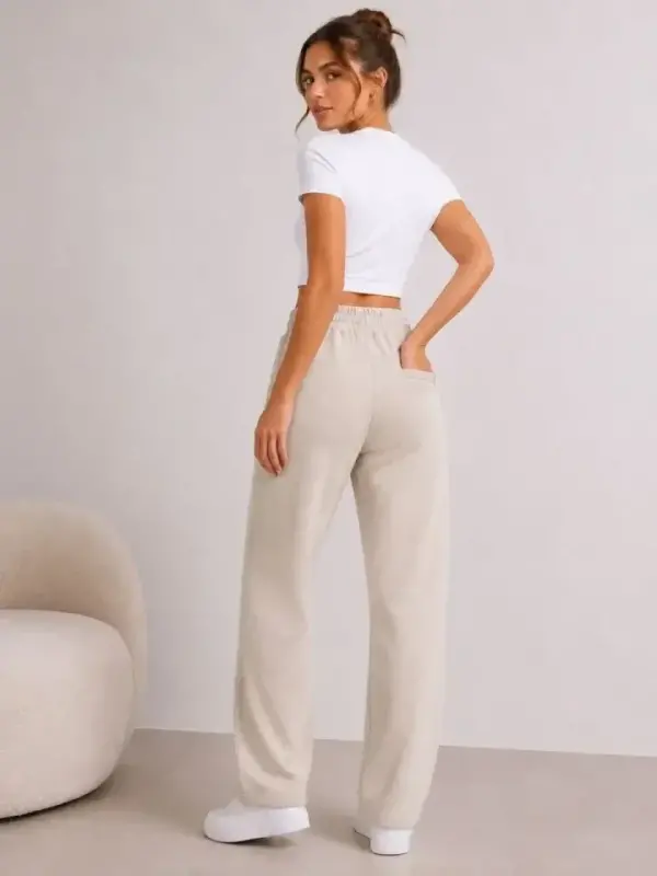 Pique Woven Fabric Pocketed Sweatpants Elastic Drawstring 4 Seasons - Beige - 3