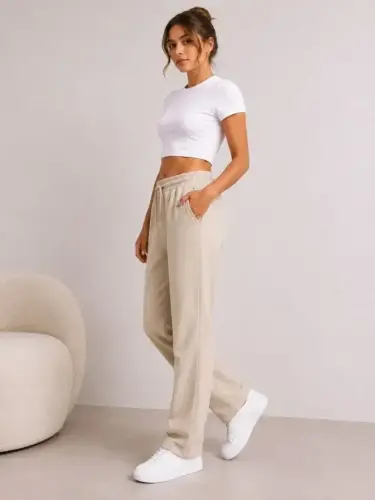 Pique Woven Fabric Pocketed Sweatpants Elastic Drawstring 4 Seasons - Beige - 4