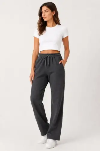 Pique Woven Fabric Pocketed Sweatpants Elasticated Drawstring 4-Season - Charcoal - BÜYÜKBEDENIZ (1)