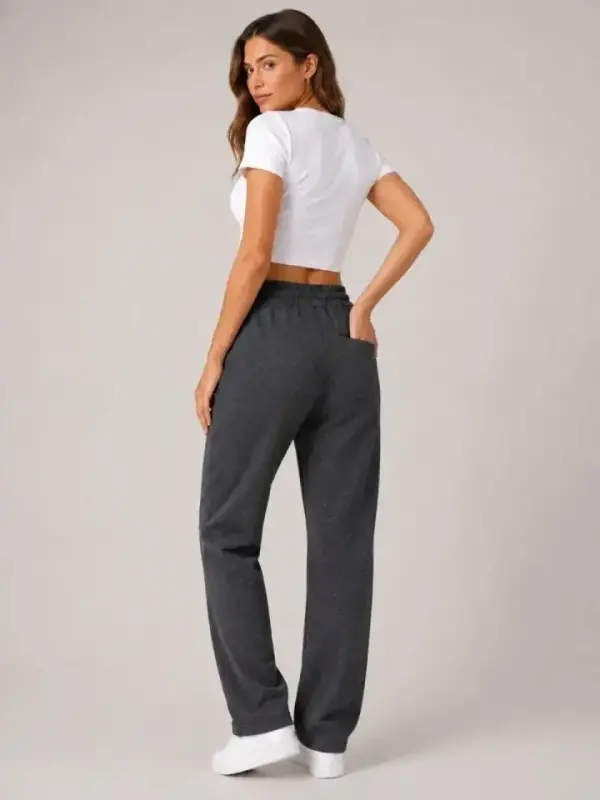 Pique Woven Fabric Pocketed Sweatpants Elasticated Drawstring 4-Season - Charcoal - 3