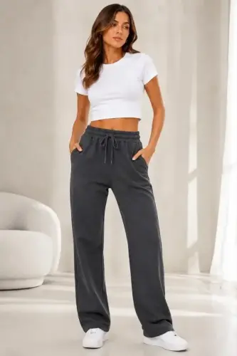 Pique Woven Fabric Pocketed Sweatpants Elasticated Drawstring 4-Season - Charcoal - 4