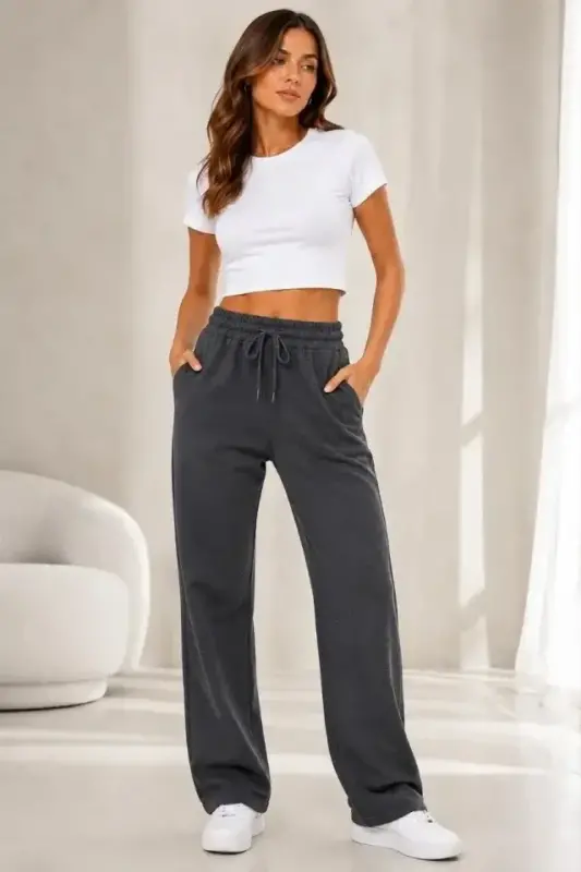 Pique Woven Fabric Pocketed Sweatpants Elasticated Drawstring 4-Season - Charcoal - 4