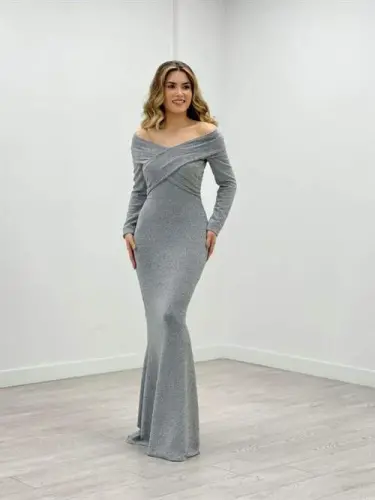 Pırıltı Kumaş Kayık Yaka Balık Elbise - GRİ - 1